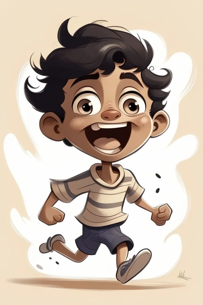 un nene morocho , con flequillo ondulado, con ojos grandes feliz corriendo disfrutando su libertad