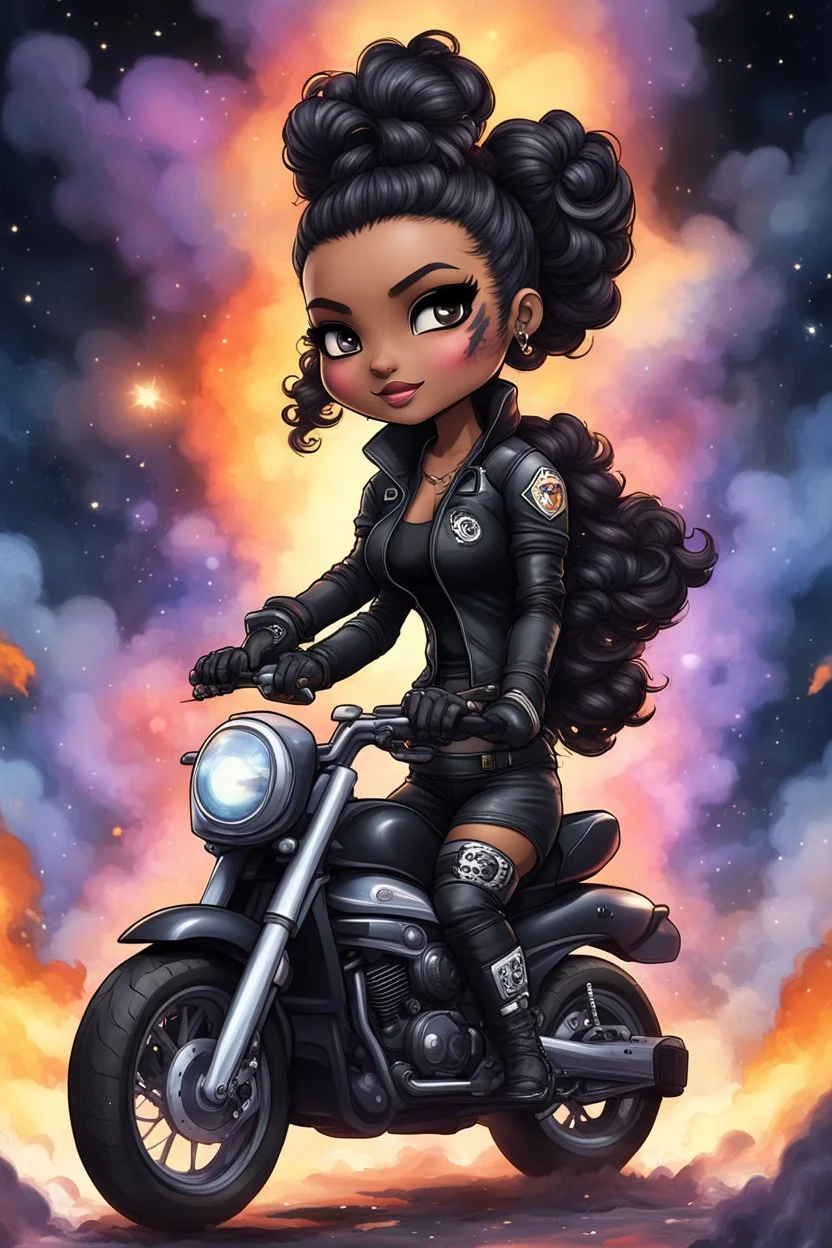 Create a galaxy art illustration of a chibi cartoon full figure black female riding a sports motorcycle. She is wearing tie dye and black tights with biker boots. Prominent make up with log lashes and hazel eyes. Extremely highly detailed black shiny wavy hair up in a messy bun. Background of smoke surrounding her and the bike and she's at a bike show.