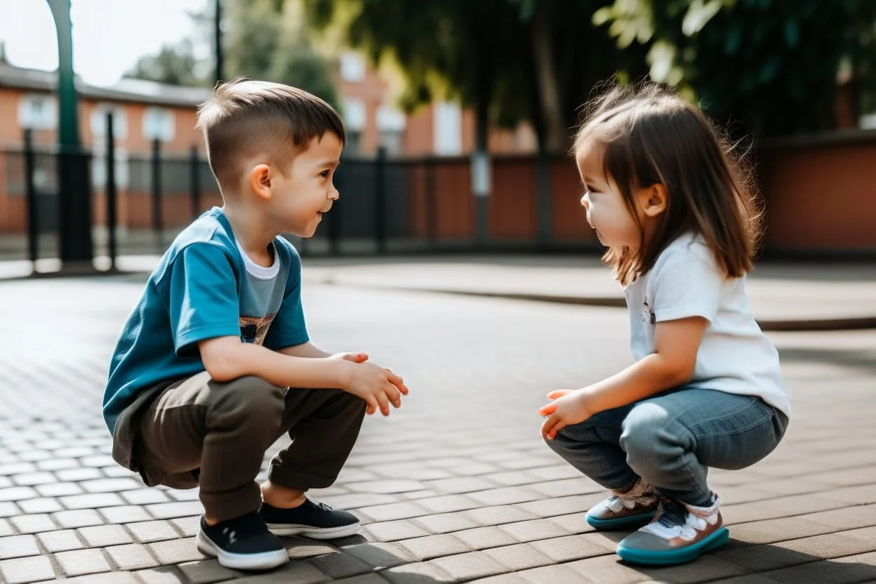 Un niño y una niña jugando en el patio de un colegio