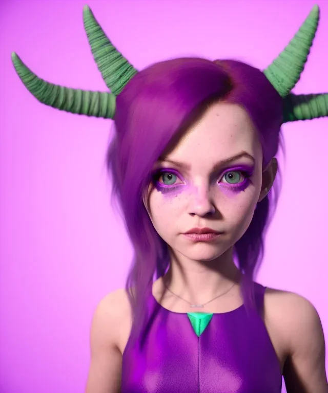 cute purple haired devil girl with bright green eyes and horns on her head wearing a purple/pink dress