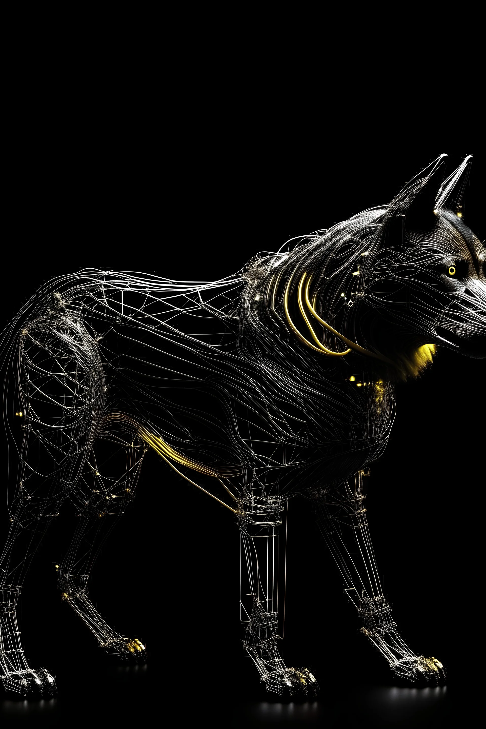 "The 2D graphic of a wolf comprises electronic and electrical elements against a black CAD project background. The wolf's form is delineated by a fusion of microprocessors, LED diodes, and wires, representing a futuristic interpretation of its physiognomy. Meanwhile, high-voltage cables and sparking discharges form the other half, creating a dynamic representation of energy. This imagery blends the wolf's strength with futuristic technology, serving as a thought-provoking reflection on the symbi