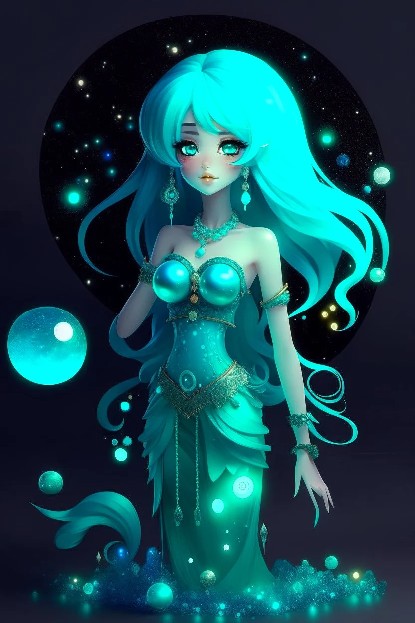 A beautiful girl with glowing starry eyes. And with turquoise hair decorated. And full body. Holds 10 glowing glass beads with a moon inside