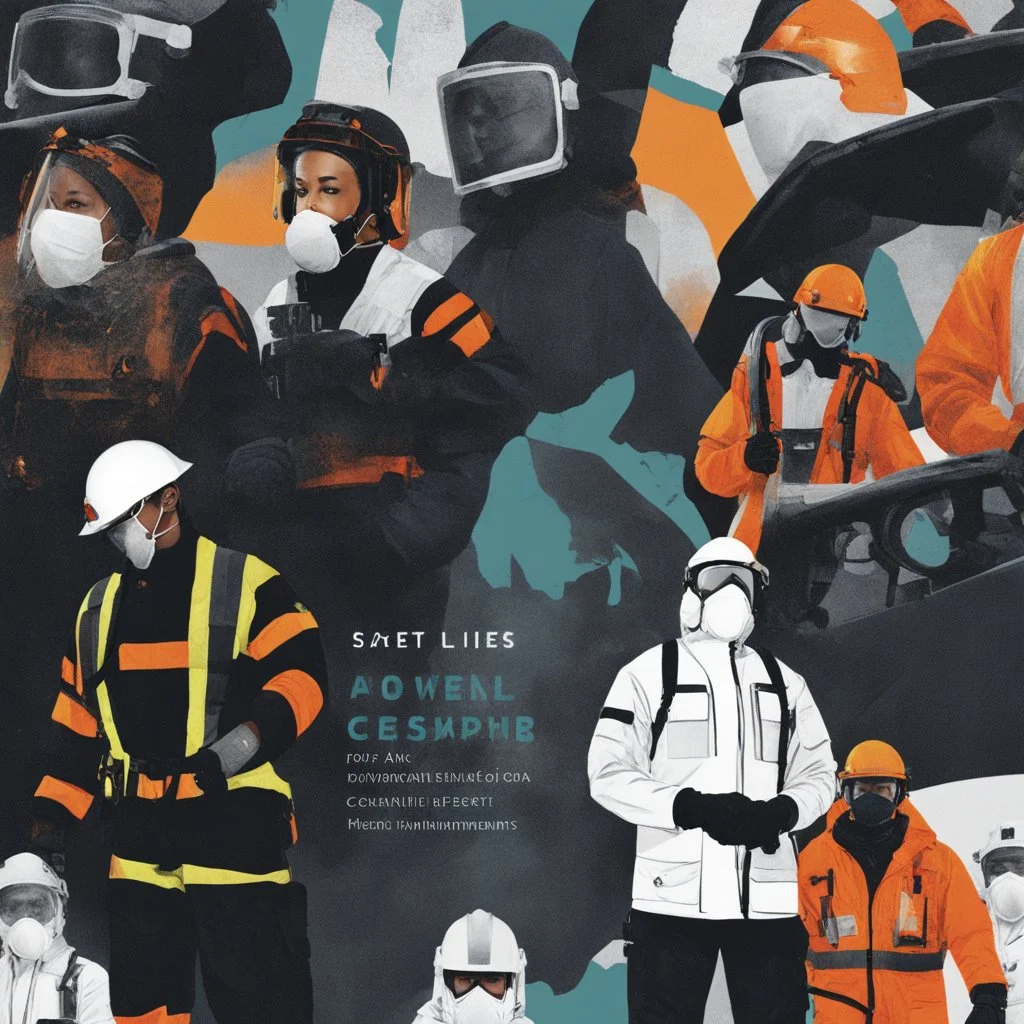 Aesthetic; Mesmeric; Gaslighted; Intuitive; Intriguing; Captivating, eBook Cover Page Art, **Featured Design:** A collage of diverse silhouettes wearing PPE gear, standing against a backdrop of natural disasters. **Appearance:** Creating a captivating and meaningful eBook cover that encompasses the essence of importance of safety, risk management, and humanitarian rights.