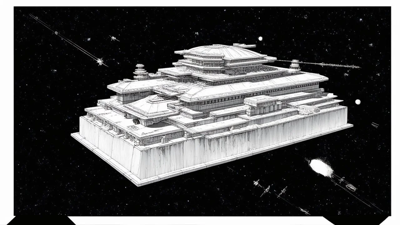 Architectural drawing of a battle station in outer space in the style of Franklin Lloyd Wright,detailed, hyperdetailed, intricate, elaborate, a masterpiece