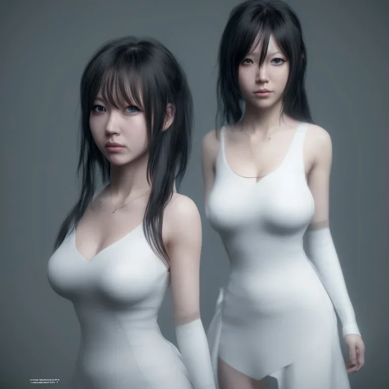 hitomi tanaka, dress white, long black hair, realistic, intriacte detail, sci-fi fantasy style, volumetric lighting, particales,highly detailed,cinamatic, deep colours,8k