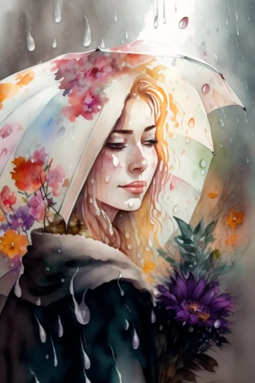 watercolor portrait of a woman, lush hair, rain, flowers, umbrella, autumn, paint blots, splashes, tears, plants