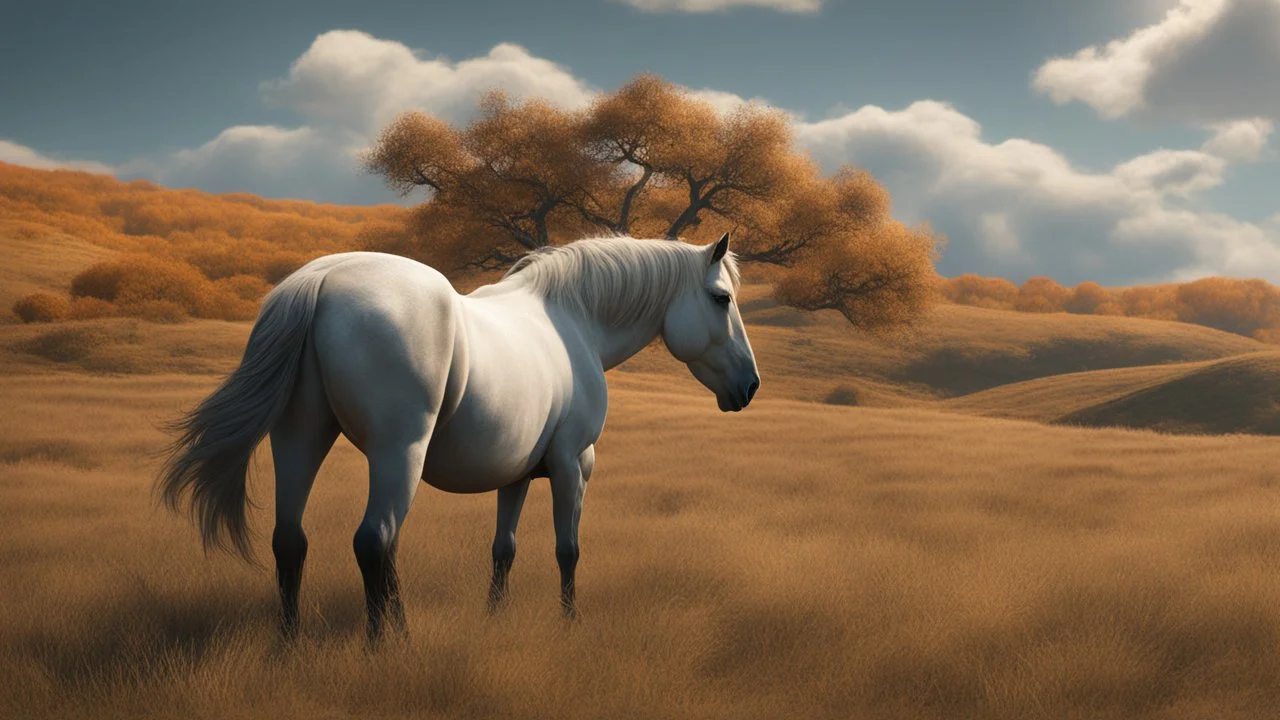 An endless steppe. Hills covered in ancient white oaks. a distant band of beautiful horses. fantasy concept art, exquisite realism, a masterpiece, dynamic lighting, hyperdetailed, intricately detailed, deep color, Unreal Engine, volumetric lighting , Epic cinematic brilliant stunning intricate meticulously detailed dramatic atmospheric maximal,