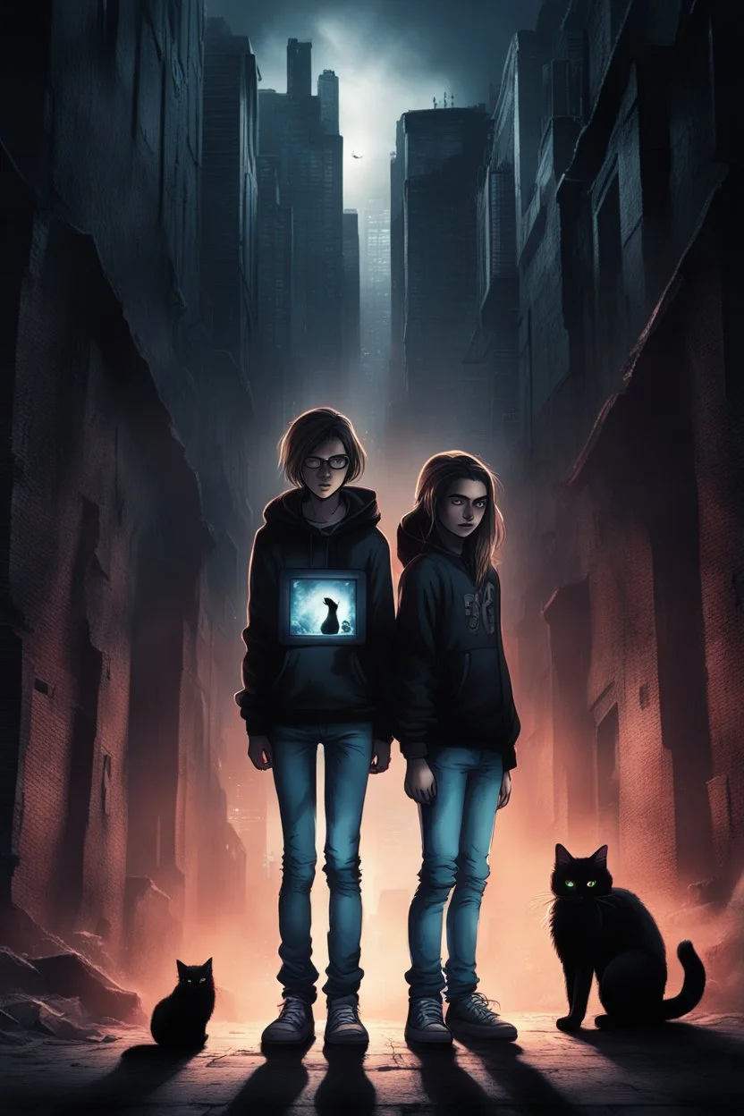 Create a book cover visualization. Against a dark urban underground backdrop, place three fearless teenagers in different poses, expressing determination. Next to them, position a mysterious black cat with ominous eyes, looking towards the viewer. Surrounding the main outline of the cover, add elements related to the book's main themes, such as a computer screen with game characters . The overall composition should exude mystery, unease, and the determination of the protagonists, while m