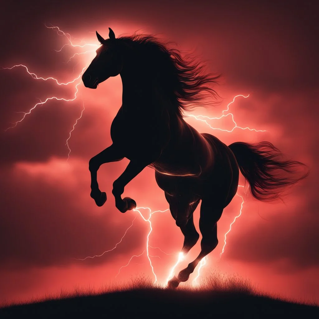 full silhouette of a horse rearing up(outlined by lighting), plus red sky with lightning bolt of electricity traveling (from top right to bottom left)