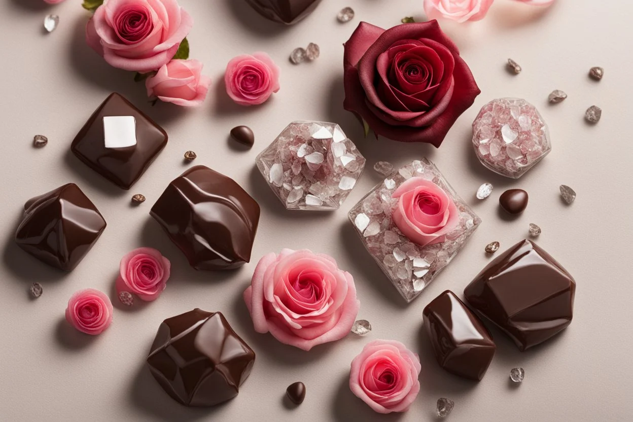 top view of roses, diamonds and chocolate bonbons in sunshine