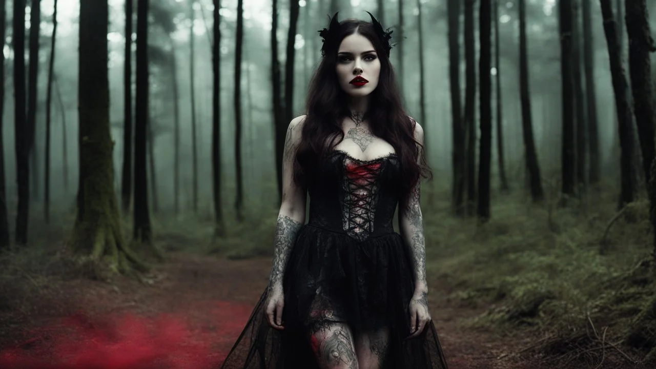 The Dark Lord's Granddaughter is a witch with her bloody fangs, covered by tattoos and lace agent provocateur dress [vintage style noisy scratches glitches, Shot the texture and then rewound the film and double exposed from a 1970 B series movie] in the forest in front of her Hutt