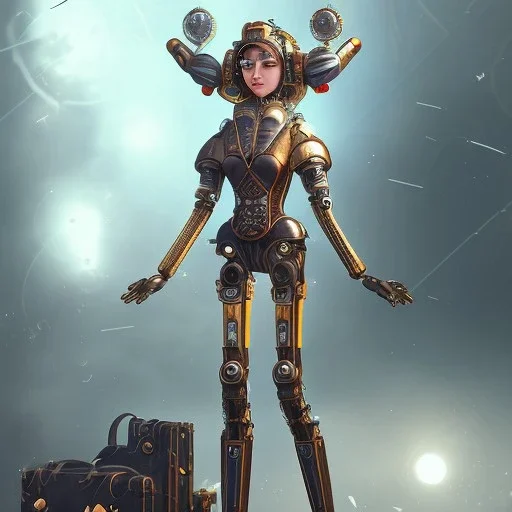 steampunk, female robot falling from the sky, full-body