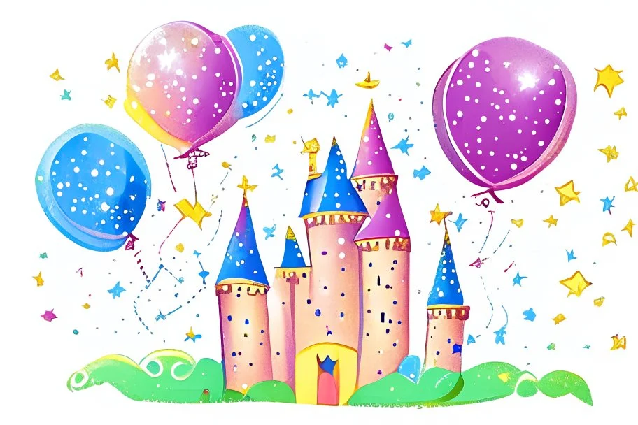 a sparkling star, a castle, elements like balloons and confetti. children book style illustration.