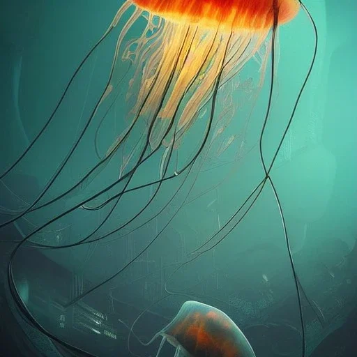 biomorphic jellyfish morphed with electronic wiring and mixed with lighting, Nanopunk and Biopunk with cyberpunk look, wonderful ambient colors, art by Jarosław Jaśnikowski mixed with Sheila Martin mixed with Fletch mixed with Frank Sun, Alena Aenami.