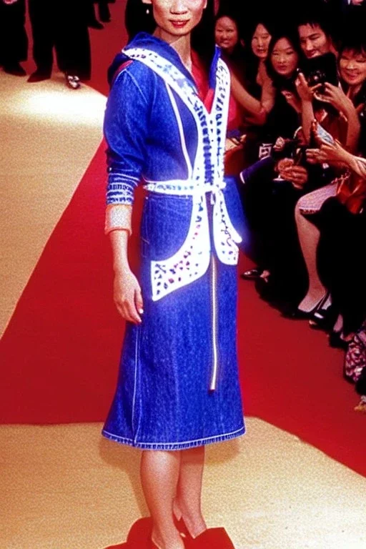 Rare image of Lucy Liu in Carelian Dress. 1990's women fashion with new kind of hood with tippet horizontal zipper reveals belly i.e. light dress with integrated bags of recycled denim straight, fish print with huge vulgarism that continues downwards to Haute couture e.g. tighty sewing or high dressmaking, exclusive designer creations, Label Ensemble. Off-the-rack. Hemline. In vogue. Fashion-forward bohemian.