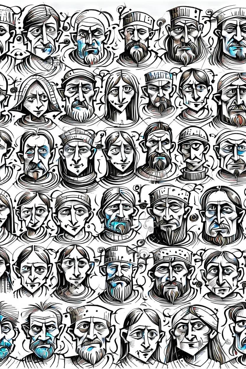 diferent medieval faces of diferent medieval people with diferent expressions, some dramatic, somo happy. the style is minimal black and white stamp. in the sheet there are more than 5. very diverse court memebers and everyday people. man, woman, kids. white background