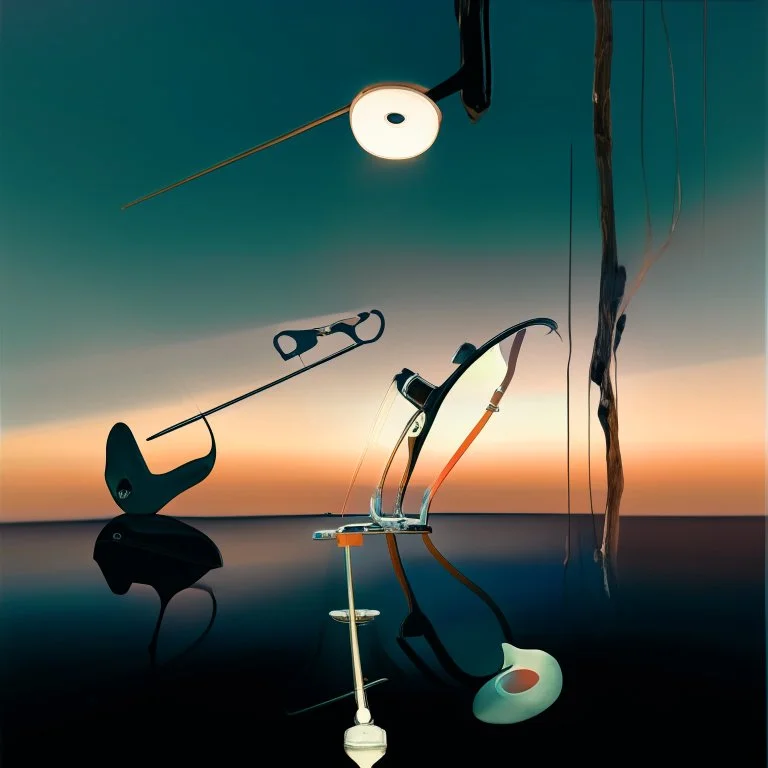 dusk landscape with lake,boat and human body, universe-like Soap Bubble,complex surgical instruments mixed with human body-like musical instruments,minimalism,Painting By Adrian Ghenie, Rene Magritte, Salvador Dali, Lucian Freud