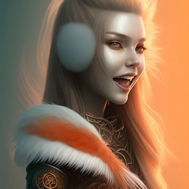 A beautiful portrait of a cute woman orange color scheme, high key lighting, volumetric light high details with white stripes and feathers and celtic paterns, animal skin-color-grey-jacket, long-sharp-teeth-front of vampire, cute smile