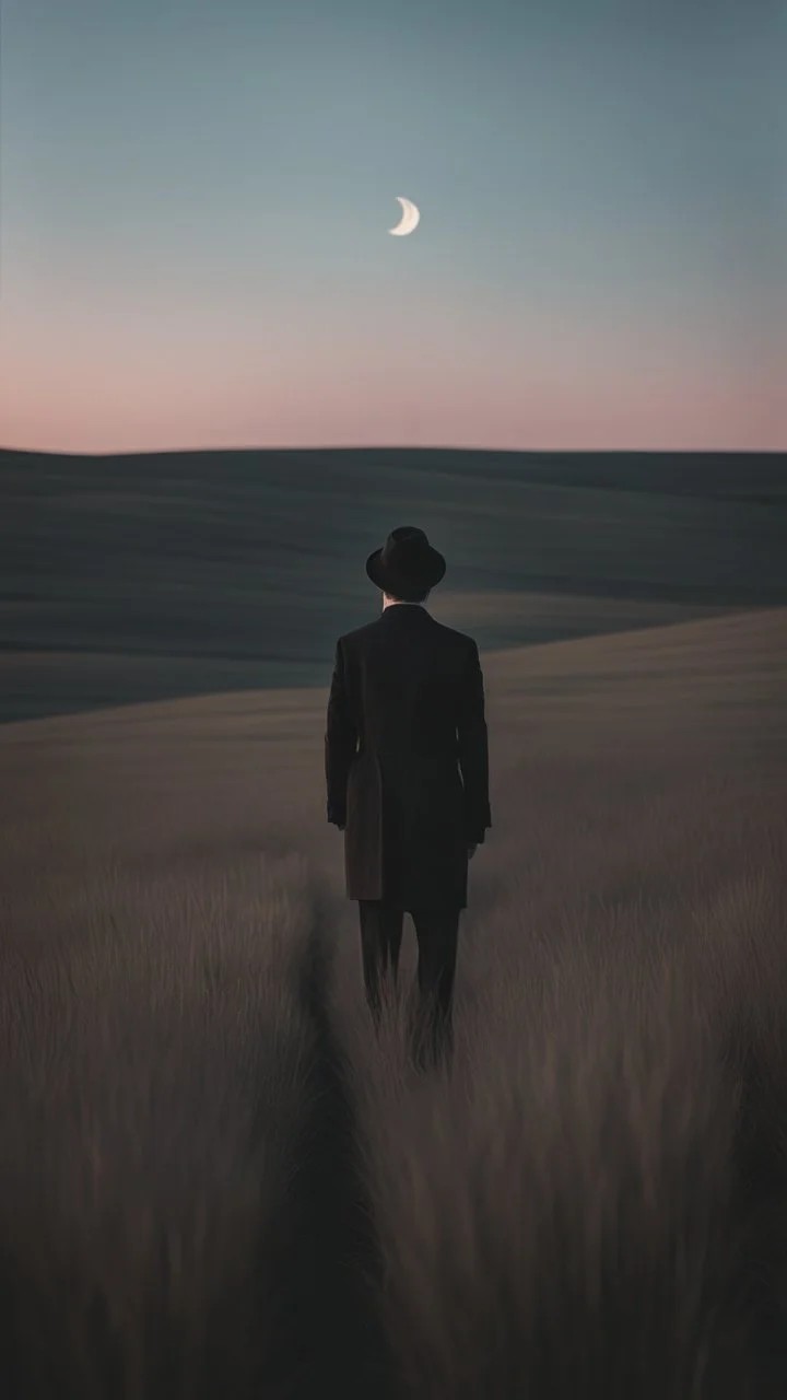 A solitary figure stands in the vastness of an open field, gazing at the distant horizon under a crescent moon. The photo focuses on the figure's face with an analog film photo style featuring a grainy texture and vintage aesthetics. A muted pastel color palette and minimalism create a mood of solitude with soft lighting from a low angle shot and rule of thirds composition. The wideangle lens captures the scene at twilight under a crescent moon. --ar 103:128 --style raw --v 5. 2