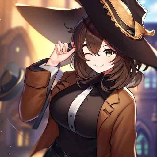 Clear focus, High resolution, short brown spiky hair, hair between eyes, eyes closed, wearing a brown detective hat, wearing a brown jacket and a black shirt, wearing black shorts, 1girl, pulling hat down, smiling