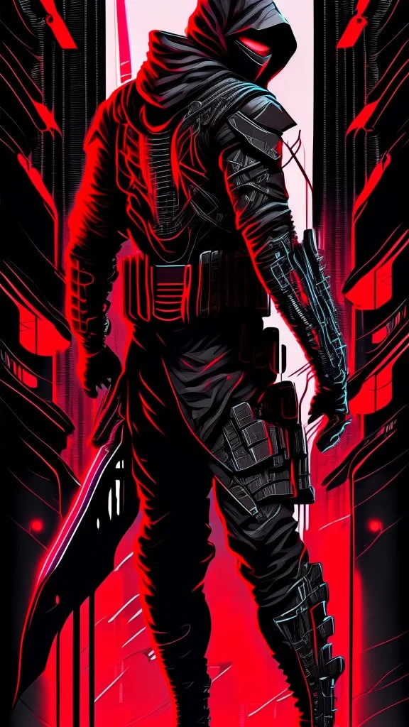 dibujo de contorno de un Ninja negro y rojo con traje cyberpunk full body