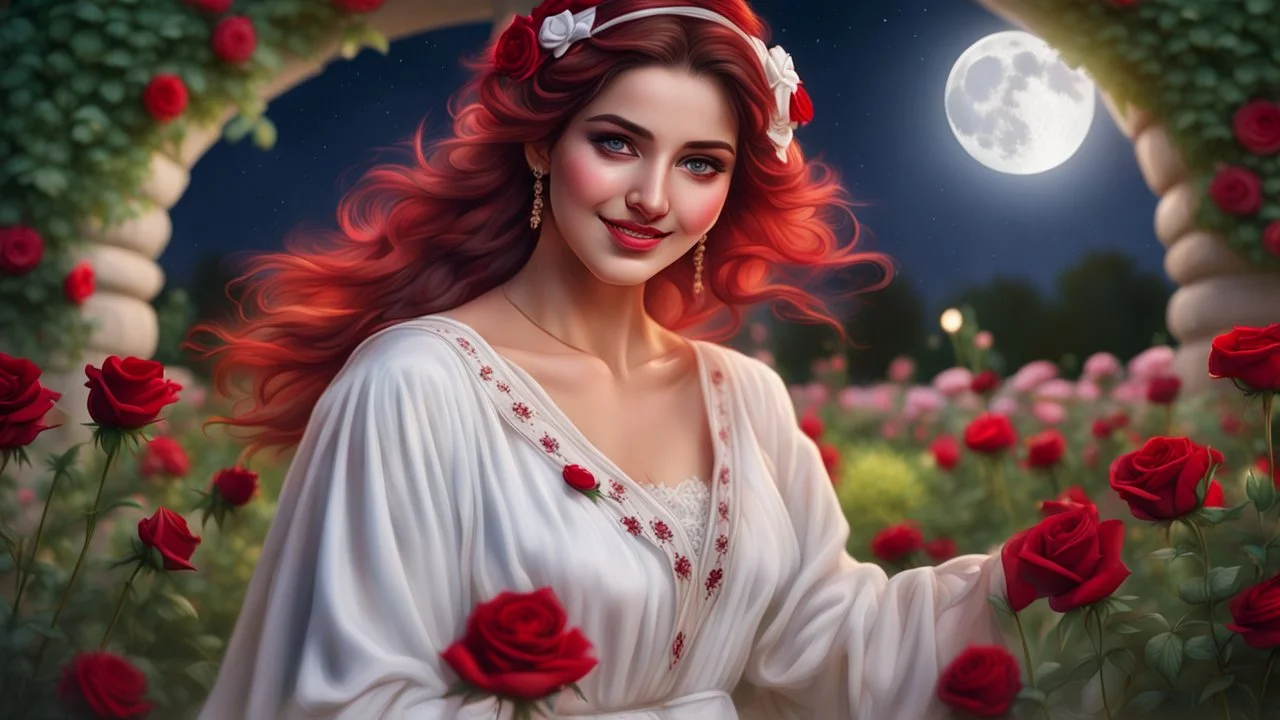 Hyper Realistic close-view of Young Beautiful Happy Pashto Woman & with-beautiful-eyes-&-lips in a white-frock-&-Maroon-ribbon with-a-red-rose-in-her-hair happily-whirling in a beautiful flower garden at-beautiful-full-moon-night & grass-arches showing dramatic & cinematic ambiance.