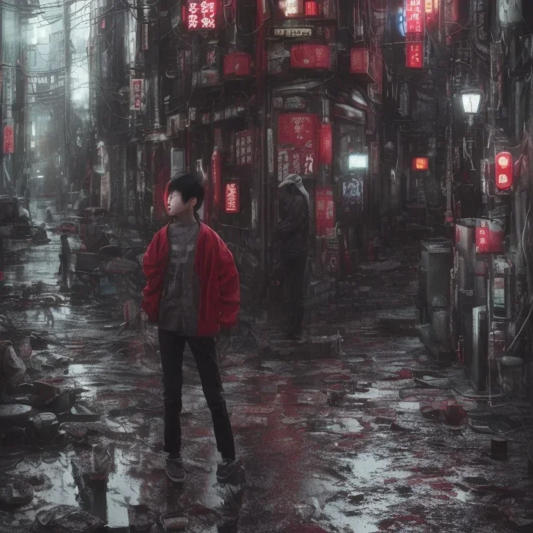 just a distant japanese only boy, Christmas night, photo from behind, black hair, sitting on floor, akira red jacket with pill in the back, tokyo post apocalyptic, rain, extremely detailed, extremely realistic