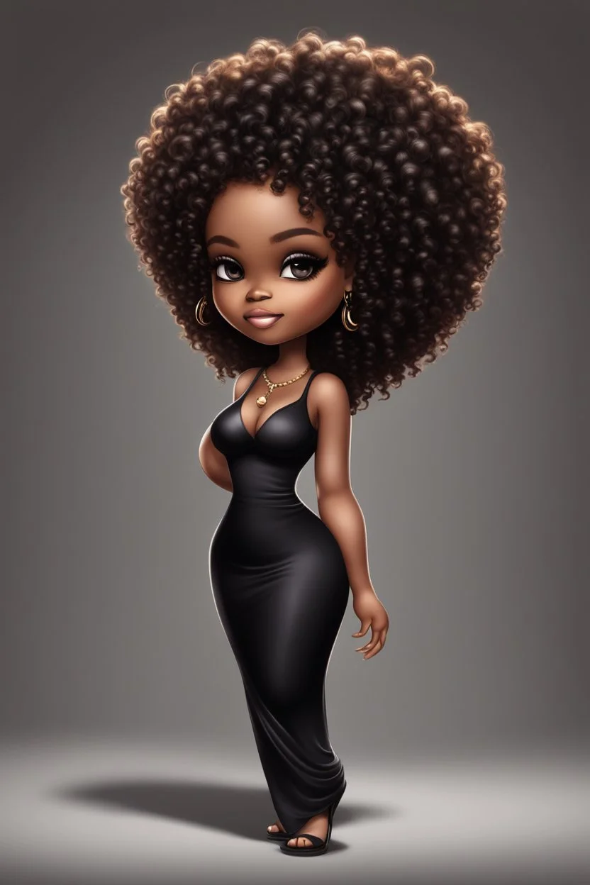 create a digital airbrush image of a chibi curvy black female wearing a black maxi dress and black sandals. Prominent make up with brown eyes. Highly detailed wild tight curly afro.