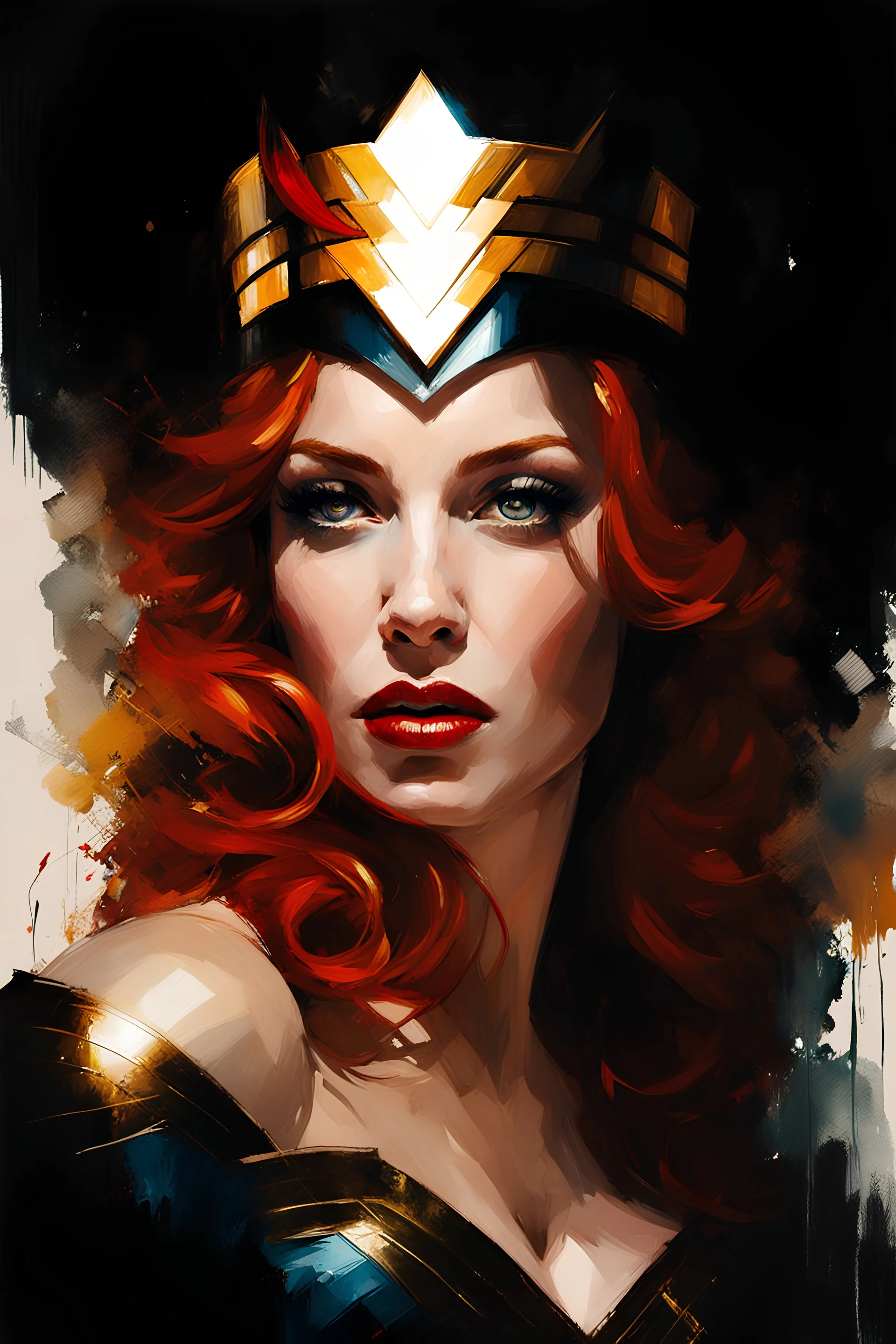 christina hendricks as wonderwoman :: dark mysterious esoteric atmosphere :: digital matt painting with rough paint strokes by Jeremy Mann + Carne Griffiths + Leonid Afremov, black canvas