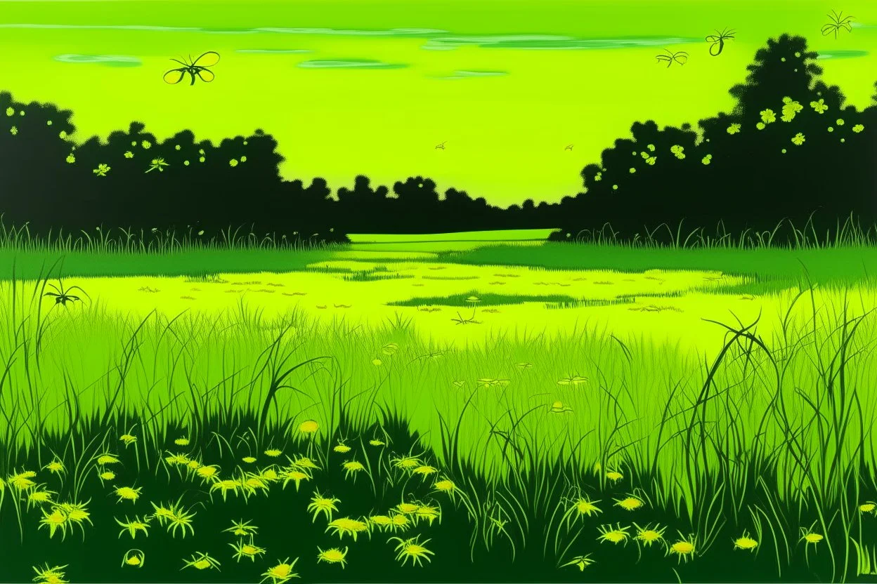 A light yellow marsh with fireflies painted by Andy Warhol
