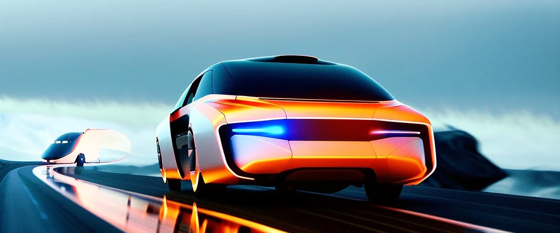 award winning car and driver photograph of a futuristic station wagon designed by only one vehicle per image painted metallic orange traveling at a high rate of speed, jet intake off of front center of vehicle and jet exhaust out the rear with bright blue flame, bilaterally symetrical, more a high speed road vehicle