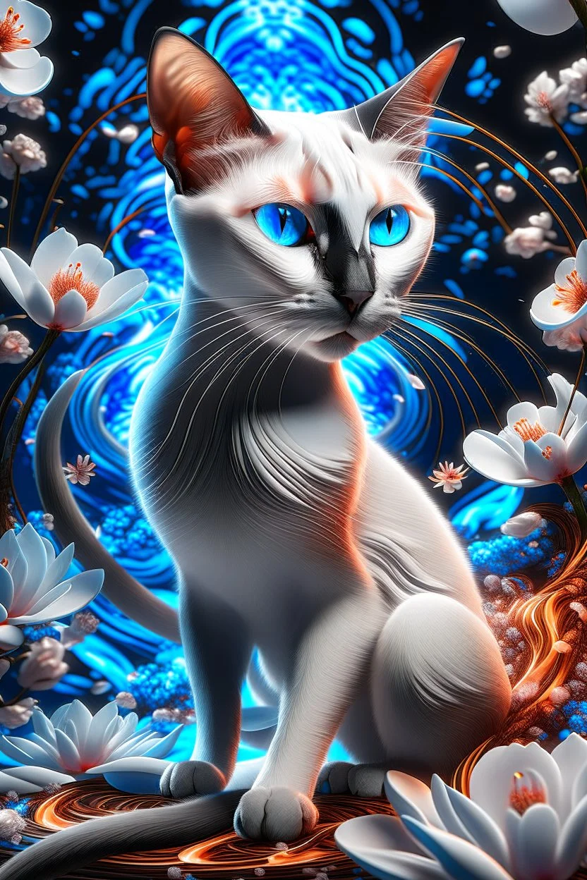 breathtaking cinematic 3D render illustration of a slender purebred Siamese cat, featuring its iconic wedge-shaped head, large ears, piercing blue eyes, and a mesmerizing smooth flat coat. The cat is surrounded by delicate apple blossom flowers and framed by intricate line art, highlighting its fine details. The composition bursts with vibrant splashes of fire and ice, seamlessly blending these elements. Dynamic water splashes add drama, and a black background accentuates the rich color palette