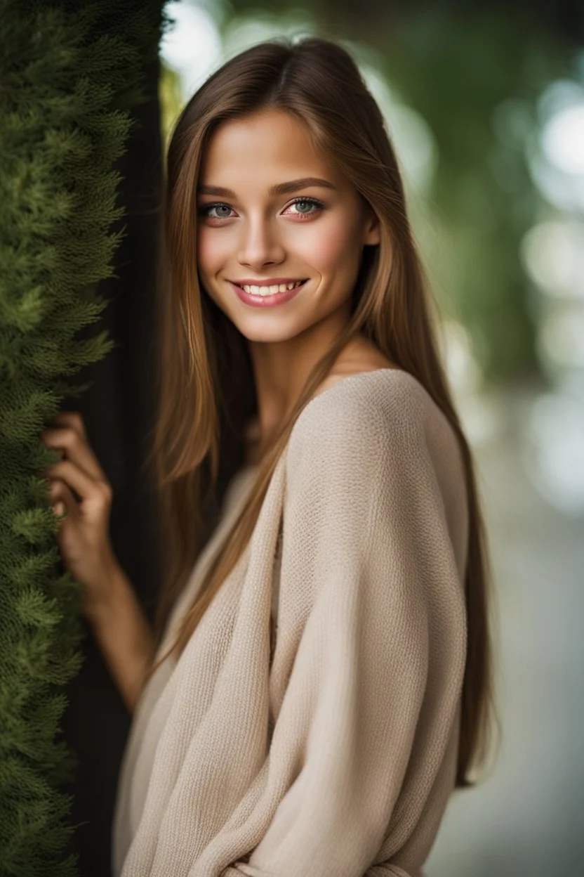 portrait of a 17 year girl with long light brown hair and hazel eyes, slim body and a happy expression