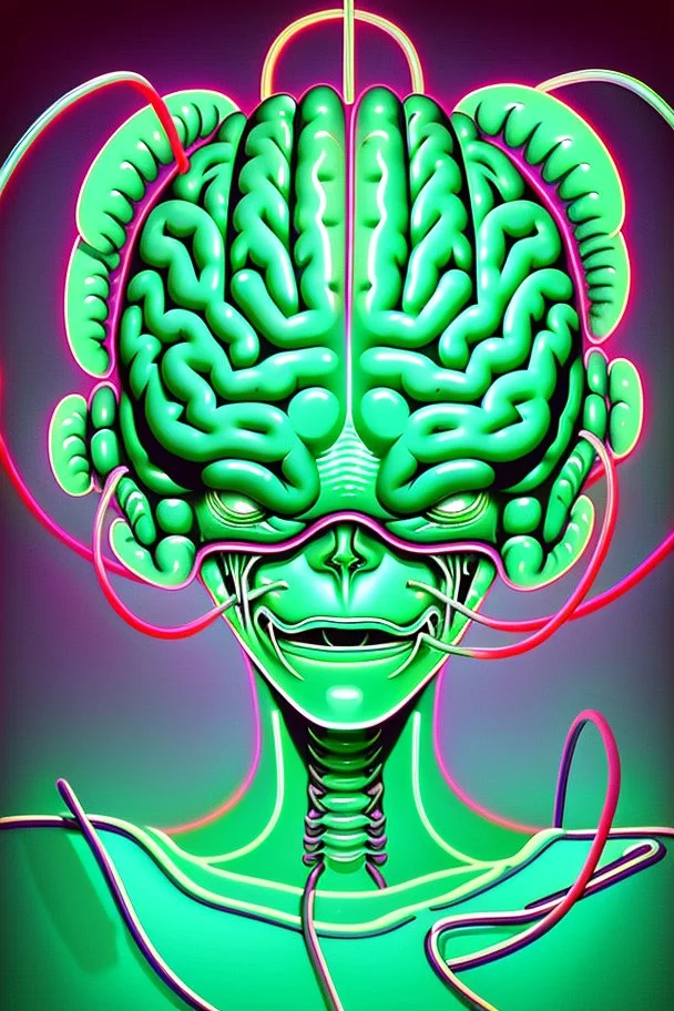 Vintage illustration of a slimey green brain melting, cartoonist animation style, hand drawn, neon lighting, gross art, pop punk, 90s anime inspired, airbrushing, post modern, horror cut, gradient chrome abberations, retro weird drawings, alien brain matter, blood spatter , scifi punk