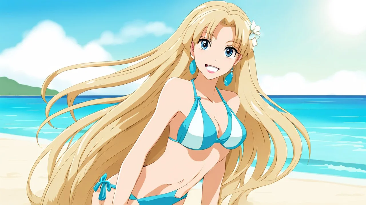 Attractive Anime Woman With Very Long Blonde Hair, Bikini, Full Body In Frame, Beach, Red Cheeks, Skinny, Looking At Camera, Smiling