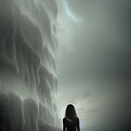 A princess standing in wait. Heavy cold rain. Thunderstorm. An engineer looking up. Futuristic scenary. Gray mist.