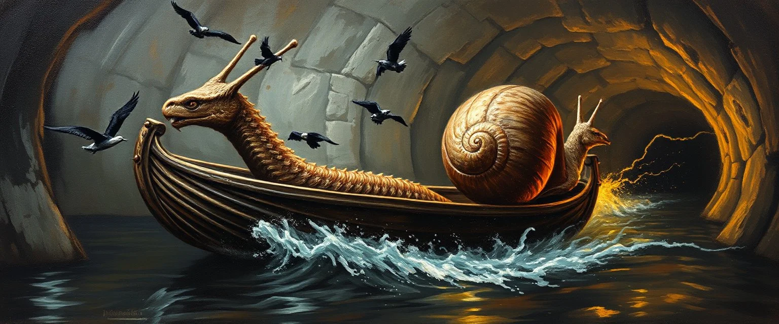 master oil painting by Rembrandt, the dragon snail boat fallout 4, moving fast through tunnel