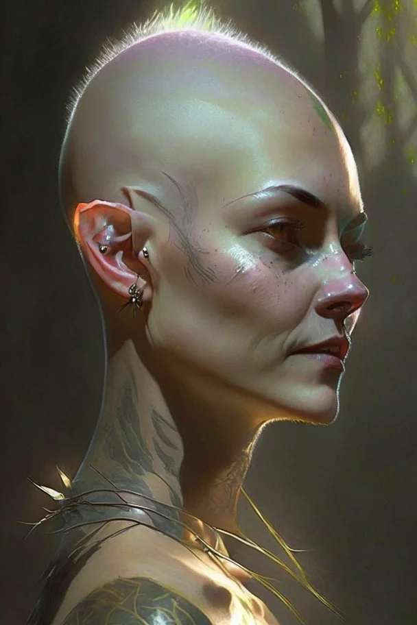 Her shaved head had the dark fuzz of new growth making her appear is if she were glowing with some inner light born of shadows.