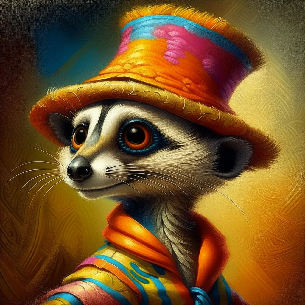 Imagine an anthropomorphic meerkat with a harlequin hat ,by Judith Leyster. in the style of August Macke, John Blanche. Modifiers: oil on canvas vibrant imperial colors hyperrealistic ultra detailed crisp quality whimsical muted colors Decadent 64K, UHD, HDR, HQ anthropomorphic face dark, gloomy, mysterious ©Miwi metallic bronze accents