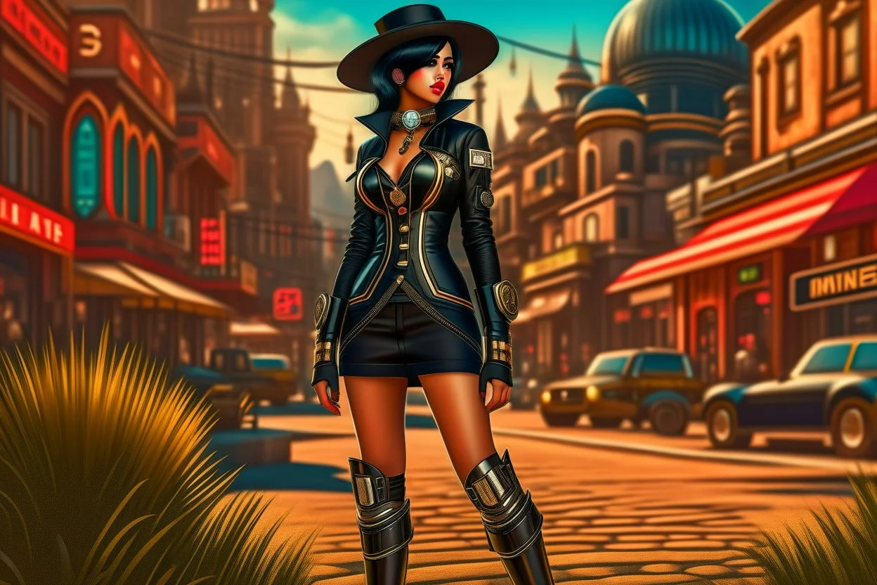 photorealistic exotic sci-fi steampunk slim pin-up girl in black shoes, in a futuristic sci-fi wild west town