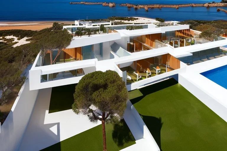 Day in algarve quinta do lago, aerial architectural view, modern luxury villas architecture building WITH STRAIGHT LINES AND CANNOPY in white render and wood with cannopy in gold metallic details and a modern luxury hotel building with two floors and extending covered terraces cascading, pinus pinea overlooking the golf course, green roofs and pools, sloped land with pinus pinea, hyper realistic 8k ultra render