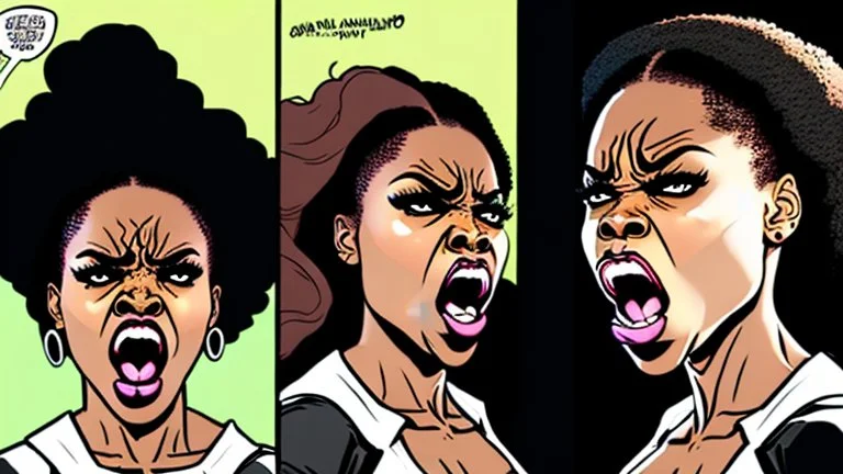 2 panels: one with an angry black lady screams on phone