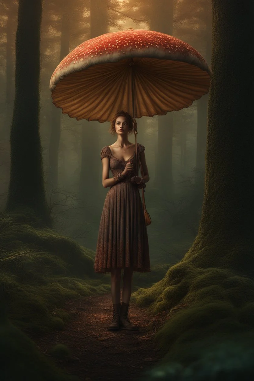 tall slim woman in a dress, in a forest, holding an umbrella made from a mushroom, detailed matte painting, deep colour, fantastical, intricate detail, complementary colours, fantasy concept art, 8k resolution, Unreal Engine 5