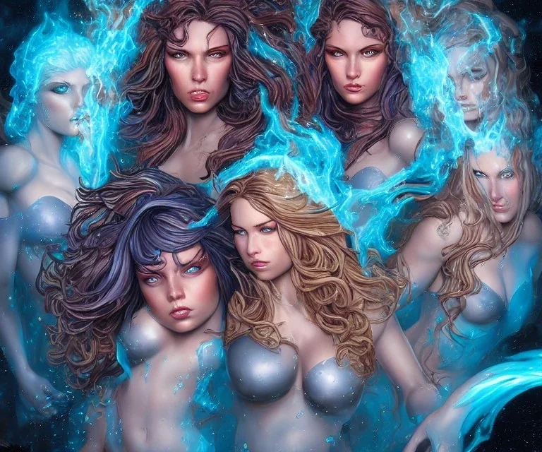 Four doll divine representing each, one of each of the elements of the four elements: Fire: Earth: Air: Water. Four female figures. Mark Brooks and Dan Mumford, comic book art, perfect, smooth elemental galactic space core. Detailed photograph, WLOP, Unreal Engine 5 volumetric lighting. Insanely intricate face, soft hair, hyper detailed painting by Ismail Inceoglu Huang Guangjian and Dan Witz Central fantasy art album cover art resolution HD