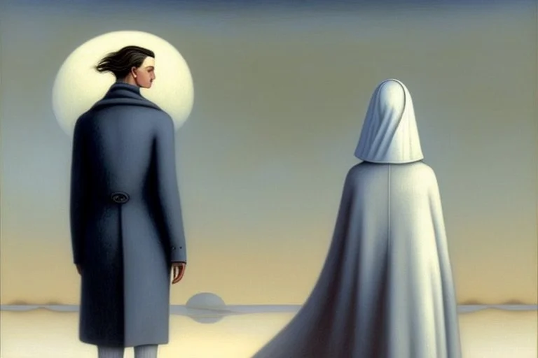 two gender-neutral people seen from behind walking side by side in an empty foggy plain, above there is blue sky by artist "Leonora Carrington",by artist "Christian Schloe",by artist "Kay Sage"