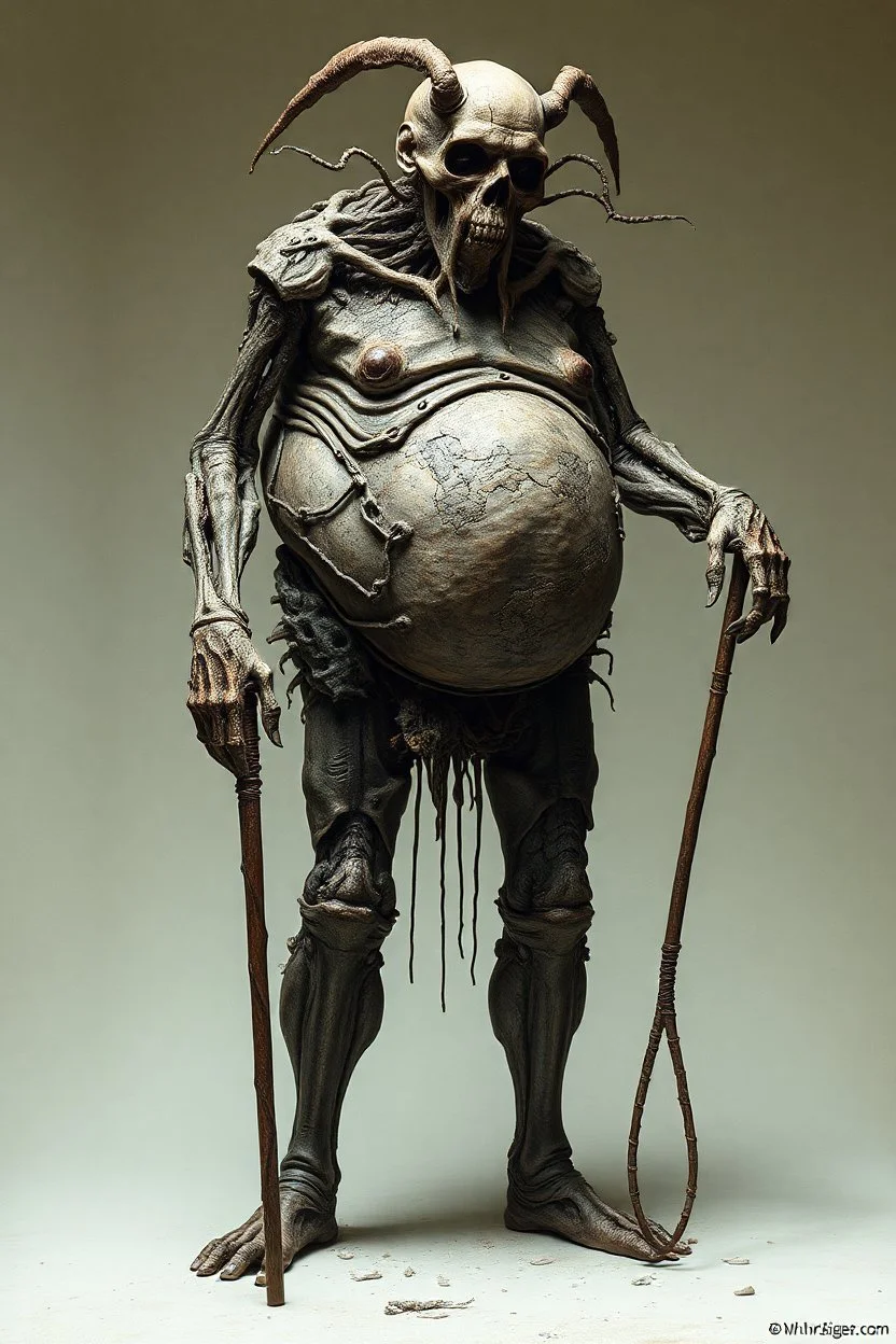 The full body of a fat man holding a cane , decayed and rotting with grotesque proportions and imagery. surreal horror, biomechanical design, by hr giger and beksinski