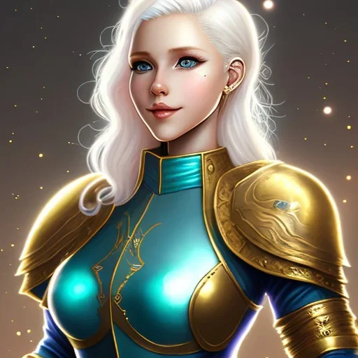 D&D character, female, cleric, platinum blonde hair, gold eyes, smile, teal armor