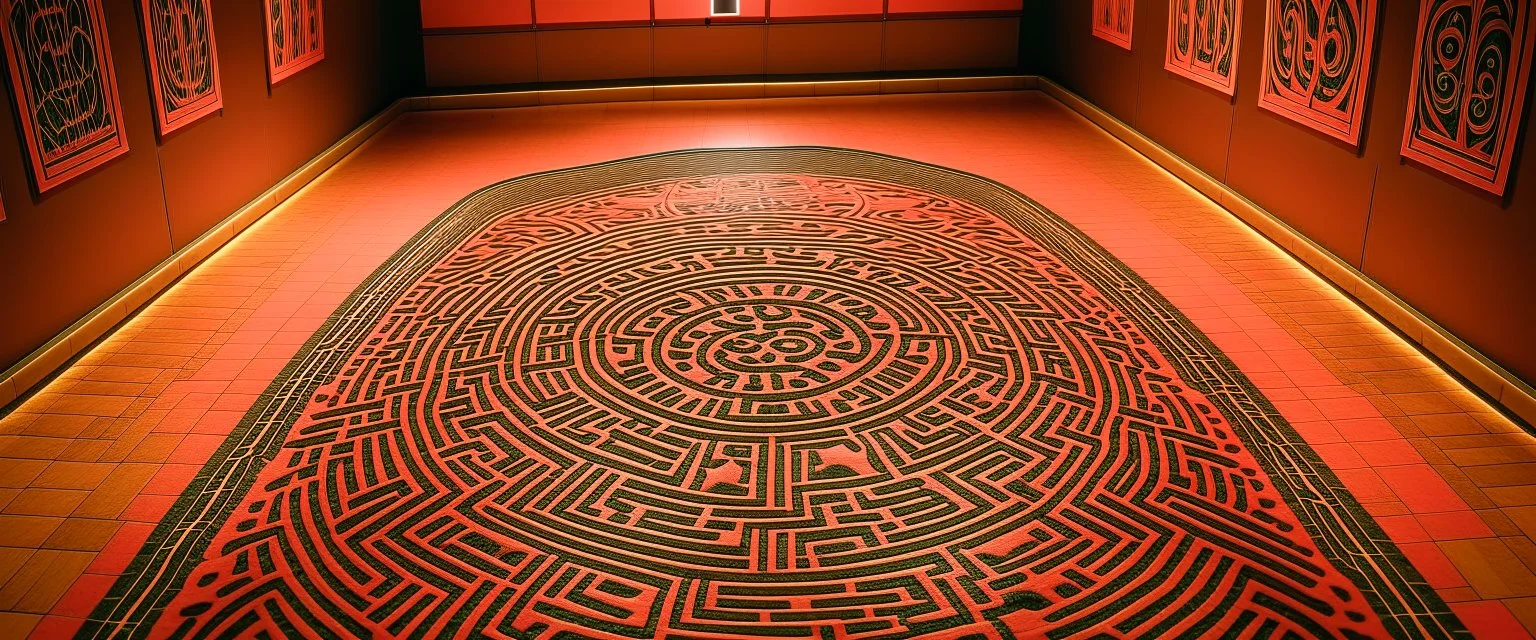 A light pink labyrinth with a magical maze designed in Kuna Molas painted by Joan Miro