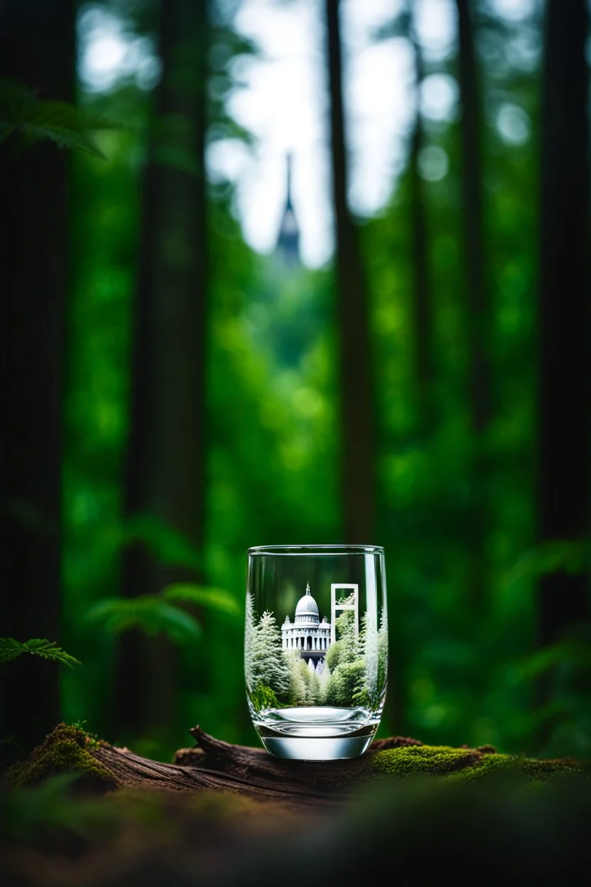 Create hyper-realistic photo of a glass tumbler in a wild forest. Inside, a miniature [London] with landmarks. A sleek white 3D text of [City] blends naturally into the landscape. Soft bright daylight, reflections, and subtle imperfections like fingerprints. DSLR quality, sharp focus.