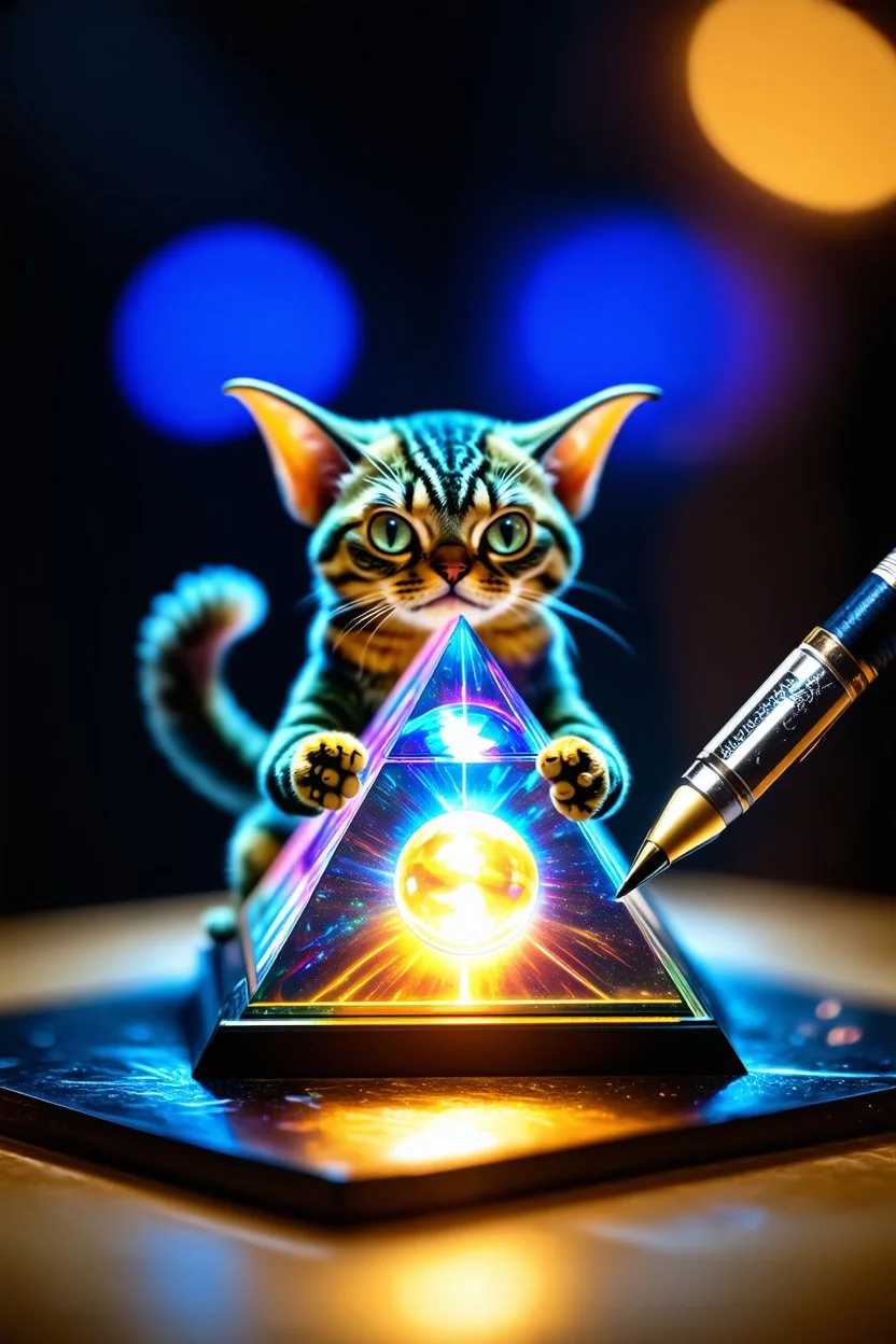 airbrush with pen outline, gremlin cat pimp holding a big reflective prismatic pyramid with orb containing plasma in the style of Escher , bokeh like f/0.8, tilt-shift lens 8k, high detail, smooth render, down-light, unreal engine, prize winning